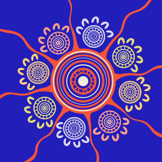 Aboriginal artwork by Caleb Nichols-Mansell. A vibrant blue background frames a central design of concentric circles in cream, orange, and white. Wavy orange lines, representing journey paths, radiate from this centre, connecting to eight smaller, sun-like concentric circles in yellow, white, and orange. This artwork symbolises country, community, and culture.