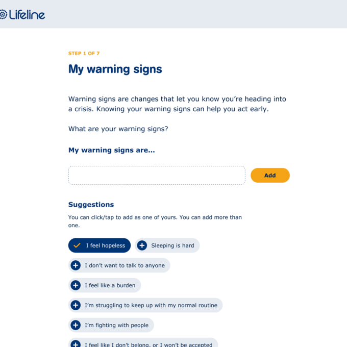 Screenshot of the My warning signs section of the safety plan