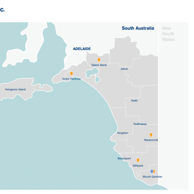 Map showing Lifeline South East's service area in South Australia, highlighting Mount Gambier and the Limestone Coast.