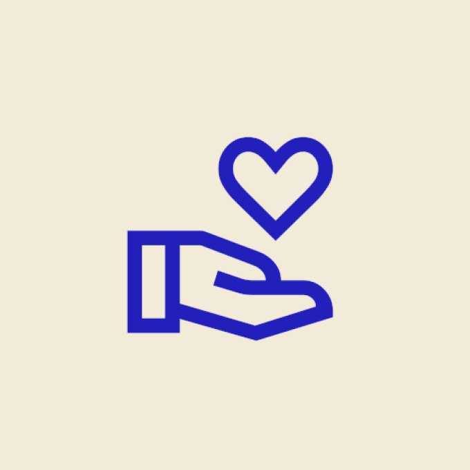 A blue outline icon of an open hand with a heart floating above it, symbolizing care, support, or giving.
