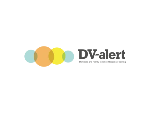 Logo for DV-alert, featuring four overlapping circles in light blue, orange, and yellow. To the right, the text 'DV-alert' appears in dark grey, with 'Domestic and Family Violence Response Training' written below it in a lighter shade.