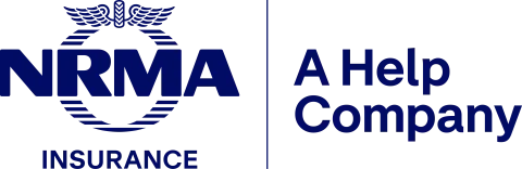 Navy logo for NRMA Insurance. The slogan next to it reads "A Help Company"