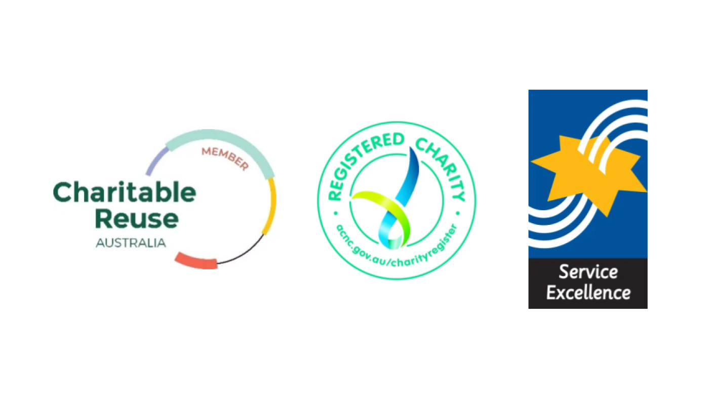 Logos for Charitable re-use, registered charity, and Service Excellence